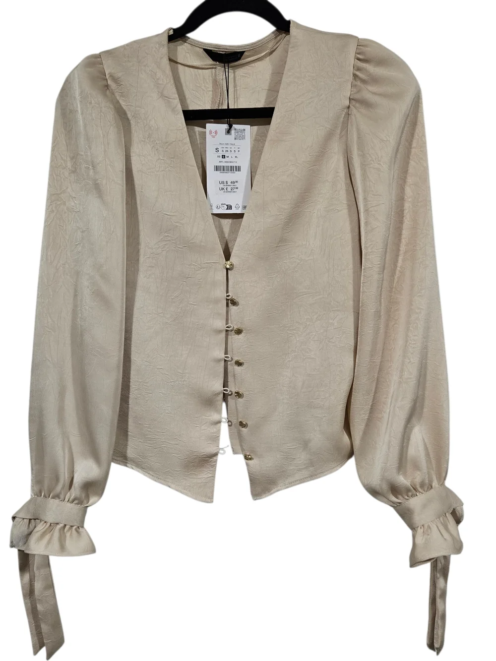 Zara Cream Button-Front Long Sleeve Blouse